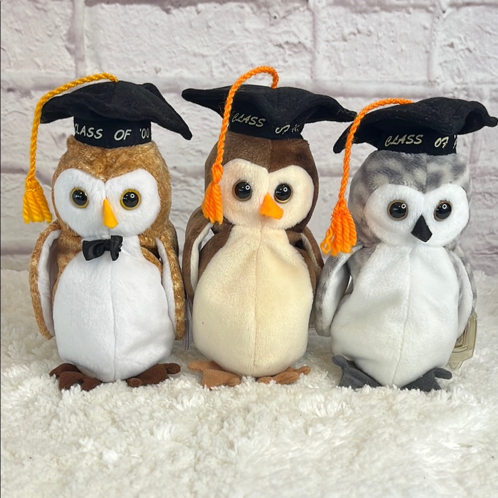 TY Set of three Graduation Owl Plush Trio Wise, Wiser, and Wisest Vintage